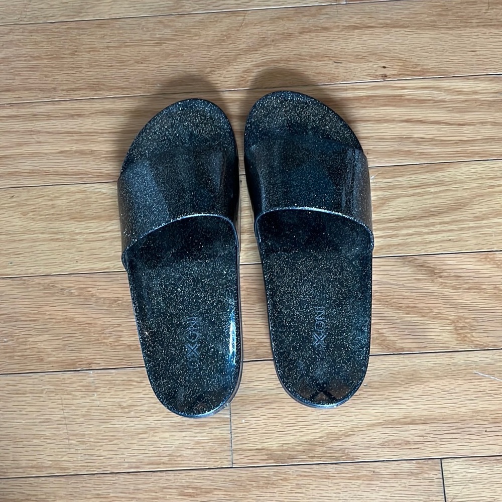 Goth glitter slip on jellies